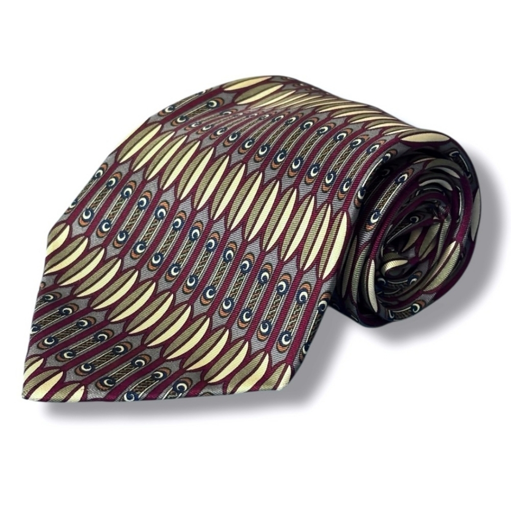 GIVENCHY MONSIEUR  Burgundy & Tan Deco Silk Print Tie VINTAGE